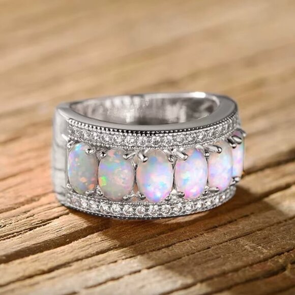 NEW 18k White Gold Diamond Opal Ring Band Wide Ring - Picture 2 of 3